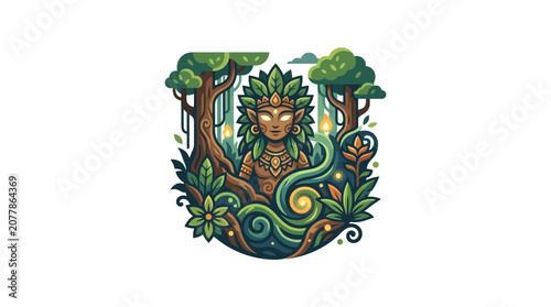 Circular green forest goddess spirit illustration.