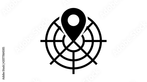 Circular grid target with map pin icon.