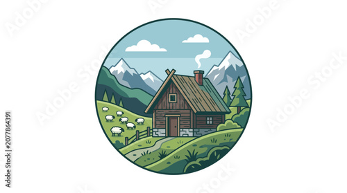 Circular green hills and cabin landscape badge