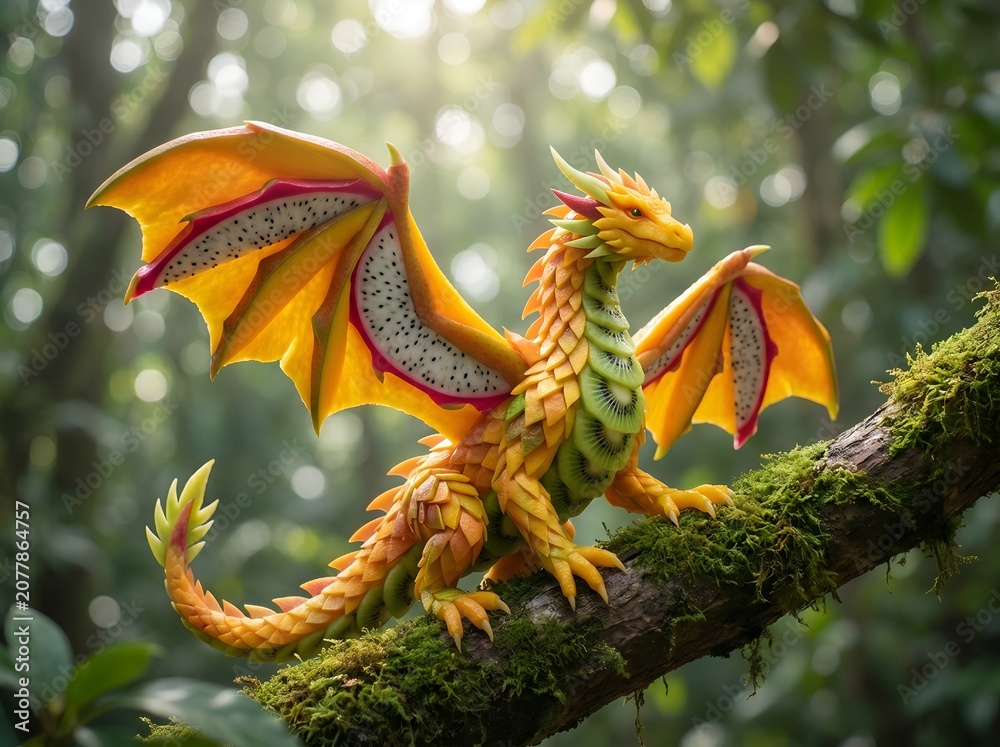 Fototapeta premium Creative fruit carving of a mythical dragon made from mango kiwi and dragon fruit on tree branch in jungle