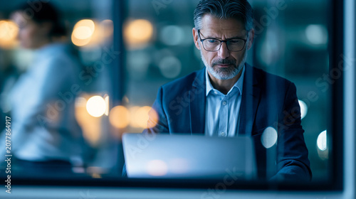 Faceless business executive working alone on a laptop in a glass meeting room, updating project plans, checking performance metrics and preparing client documents while another