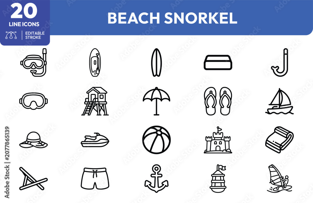 Fototapeta premium Beachside Fun icon set. Containing snorkel gear, sailboat, beach umbrella, flip-flops, cooler, sandcastle, windsurfing, diving mask. Editable stroke. Vector illustration.