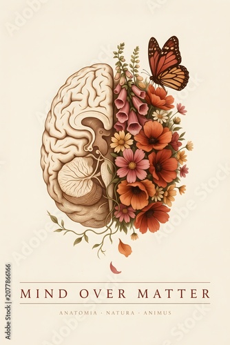 Mind over matter artistic illustration of brain blooming with flowers and butterfly psychology intelligence creativity meditation wellness consciousness botanical perspective