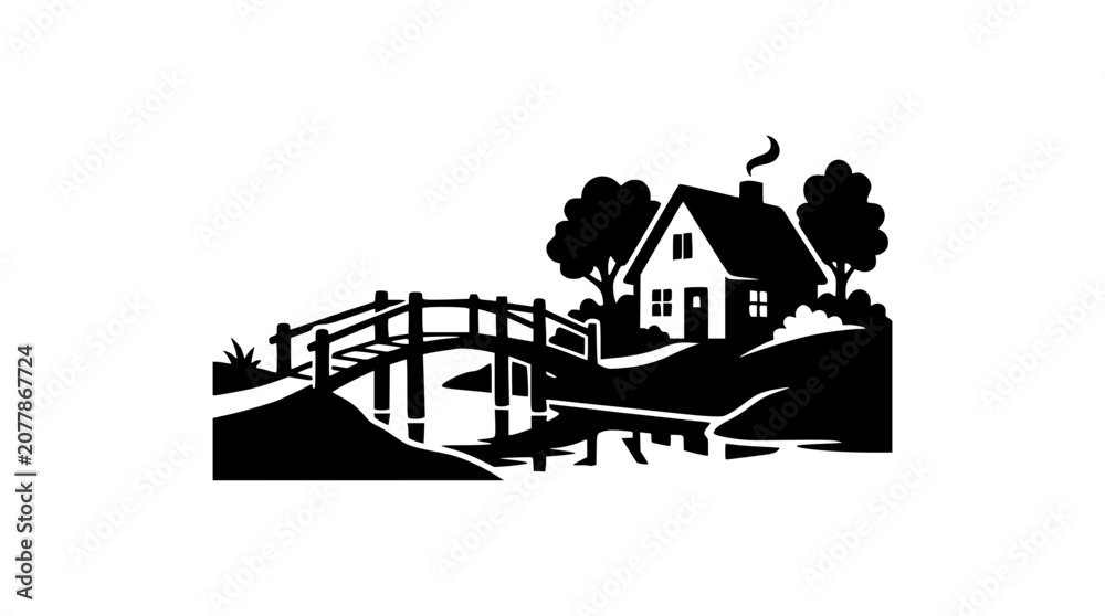 Obraz premium Countryside landscape illustration with a small cottage bridge and trees silhouette