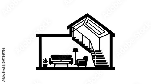 House interior cross section silhouette icon with living room furniture and staircase