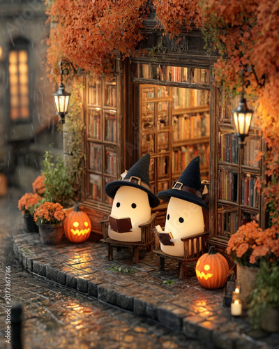 enchanted vintage bookstore at rainy night with translucent ghost characters, glowing lantern light and dark academia mood