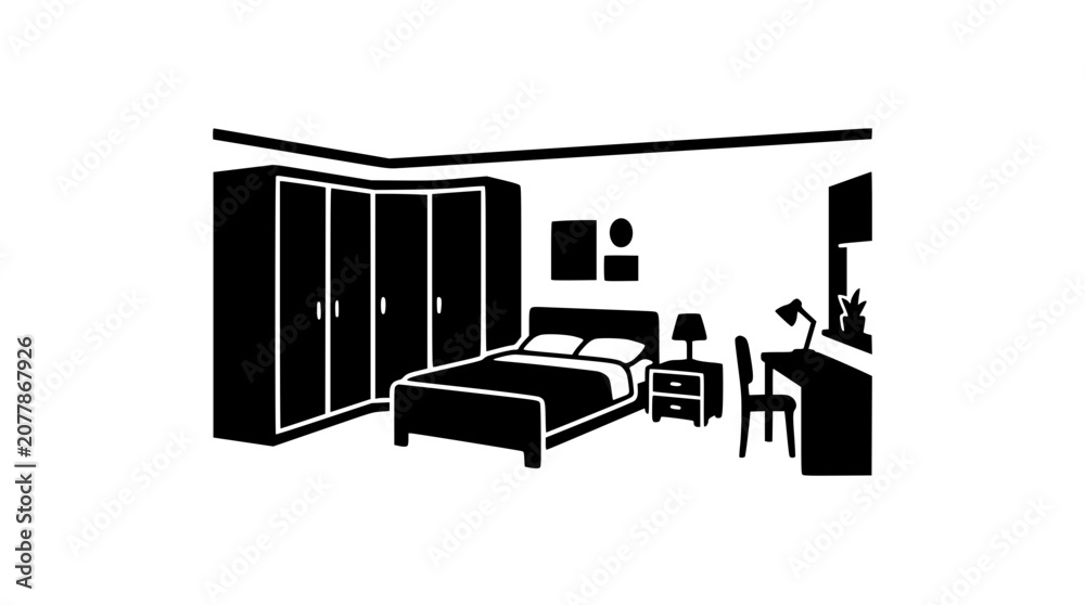 Fototapeta premium Modern Bedroom Interior with Furniture Silhouette Illustration