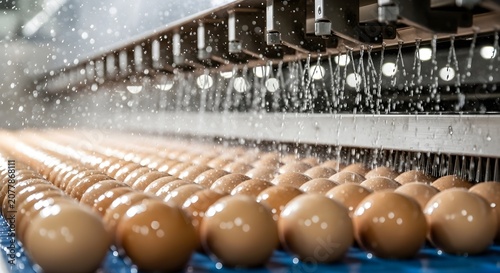 Industrial Chicken Eggs Washing and Cleaning Process on Factory Conveyor Belt