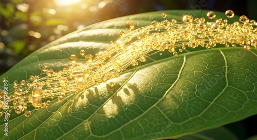Abstract Golden Energy Stream and Glowing Particles Flowing Over Fresh Green Leaf