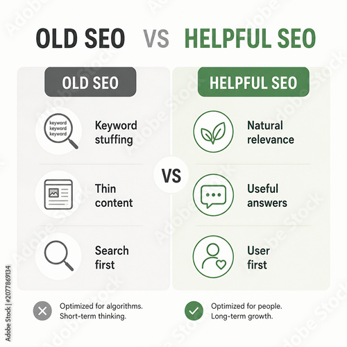 An infographic compares Old SEO practices like keyword stuffing and thin content with Helpful SEO principles such as natural relevance and user focus.