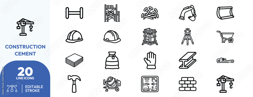 Naklejka premium Worksite Safety Essentials icon set. Containing hard hat, safety gloves, survey tripod, excavator bucket, steel beam, nail bundle, wheelbarrow, scaffold plank. Editable stroke. Vector illustration.
