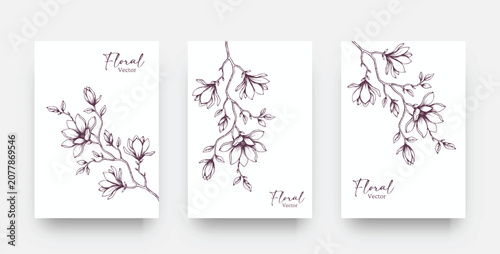 Luxury Sakura Cherry Blossom Card Collection. Hand Drawn Botanical Ink Vector Illustration for Wedding Invitation, Save the Date Card, Brochure, Cover and Stationery Design
