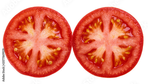 Картината върху платно Two juicy red tomato halves with visible seeds, isolated on transparent backgrou