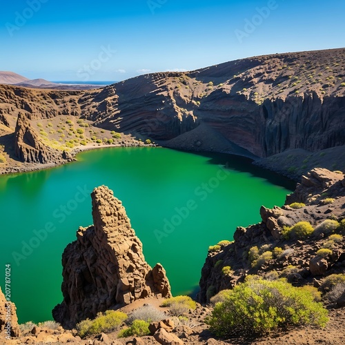 Turquoise mountain lake with rocky islands and peaks.