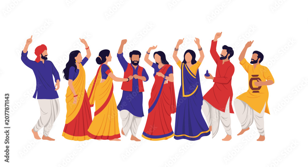 Obraz premium Diverse group of people celebrating and dancing in colorful traditional indian clothing like saris and kurtas on a plain white background.