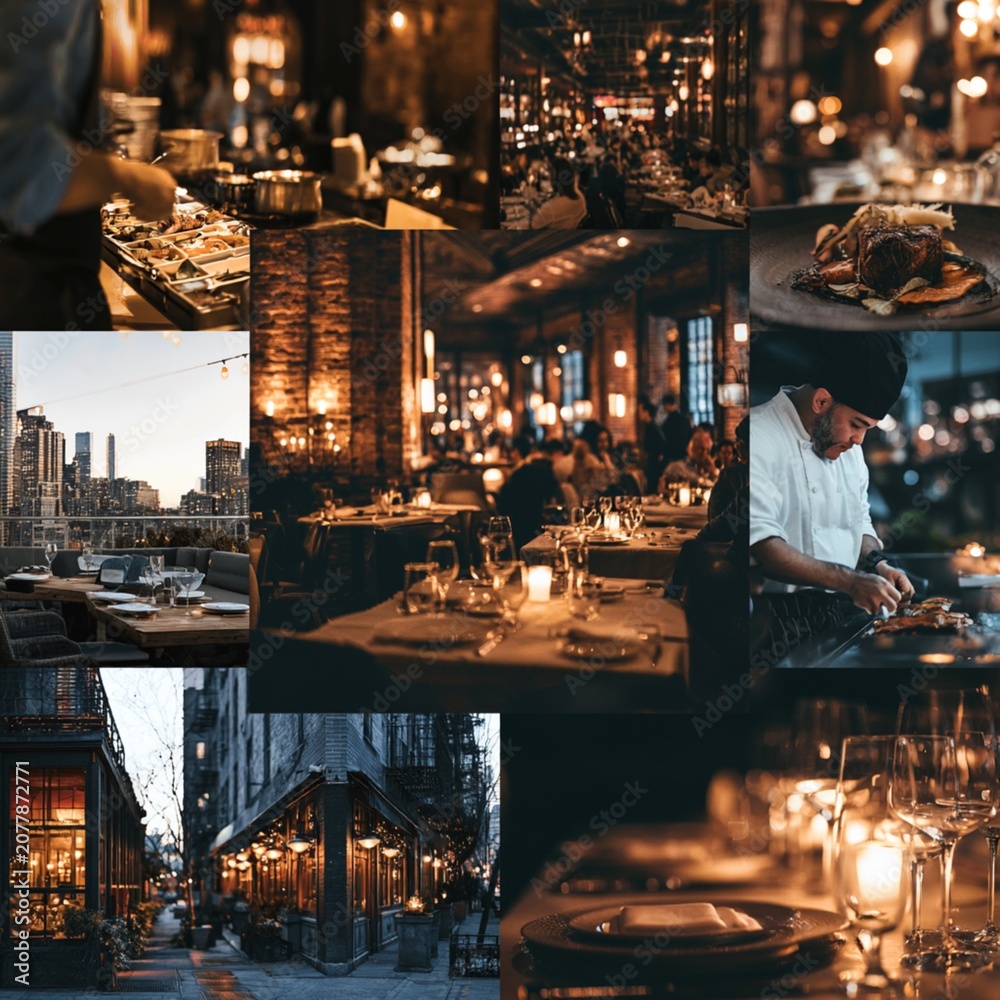 Naklejka premium A collection of cinematic scenes showcasing a cozy restaurant's ambiance, from intimate dining tables to a chef preparing food, and exterior views of the establishment. The warm.
