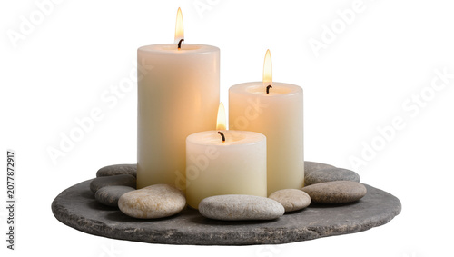 Three lit pillar candles on a stone slab with pebbles, isolated on transparent background