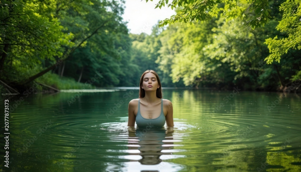 Fototapeta premium Young Woman Swimming in a Peaceful Forest Pond
