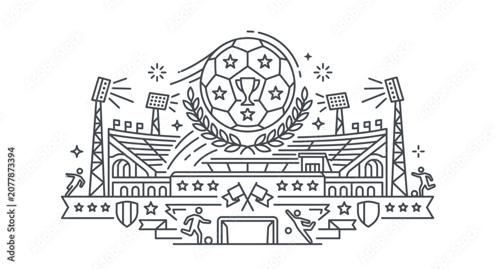 Obraz premium Line art soccer stadium panorama with trophy and ball.