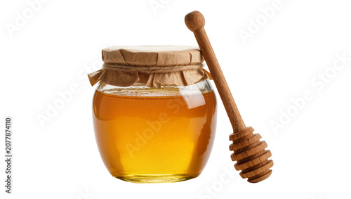 Canvastavla Glass jar of golden honey with wooden dipper, isolated on transparent background