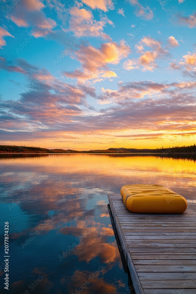 Fototapeta premium Yellow inflatable raft resting on a wooden pier at a calm lake during sunset. Scenic landscape with reflection of clouds on water surface. Wilderness travel and outdoor adventure concept.