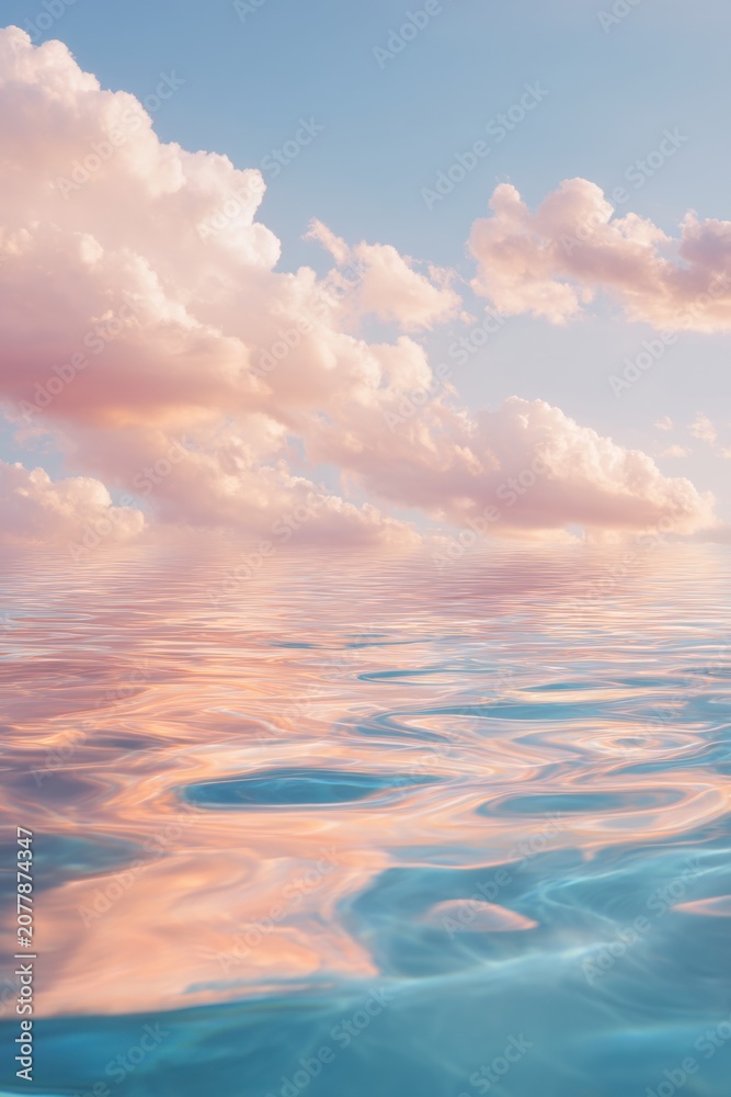 Fototapeta premium Pink sunset clouds reflecting over calm blue ocean water. Serene nature landscape at twilight showing ripple surface and peaceful sky atmosphere. Tranquil travel background vision.