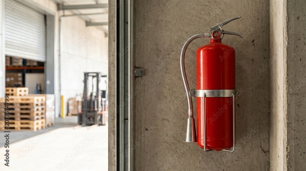 Obraz premium Red fire extinguisher securely mounted on warehouse interior wall, emphasizing workplace fire safety, emergency preparedness
