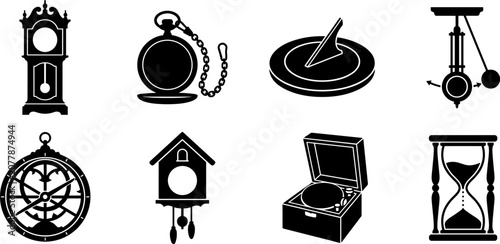 Tableau sur toile Monochrome vintage timekeeping vector icon set featuring grandfather clock, pocket watch, sundial, and hourglass silhouettes