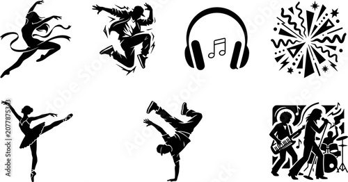 Fotografie Music and dance silhouette collection featuring hip hop breakdancer rhythmic gym