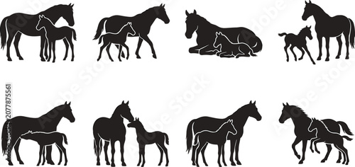 Foto Black horse silhouettes vector set featuring mare and foal in various natural ma