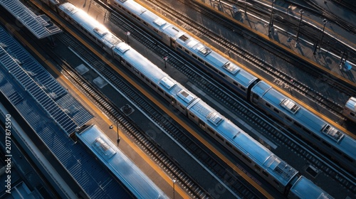 Aerial view of passenger trains parked at railway station terminal. Urban public transport infrastructure on tracks. Travel and commuting concept, morning scenery at train depot.