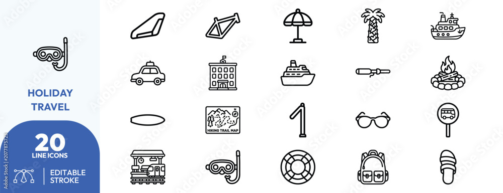Naklejka premium Tropical Escape Gear icon set. Containing jet ski, snorkel mask, beach chair, surfboard, hiking boots, tropical drink. Editable stroke. Vector illustration.