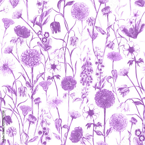 Foto Hand drawn garden flowers seamless pattern in purple color