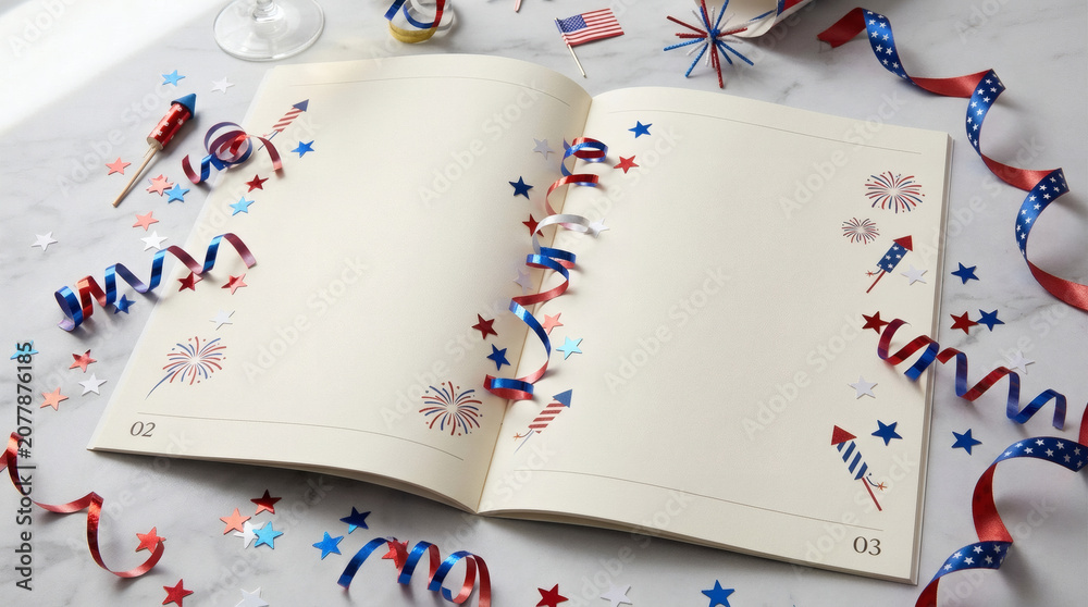 Obraz premium Open blank notebook with festive Fourth of July decorations