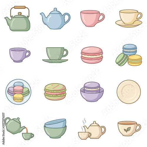 Colorful Illustrated Tea Set and Macarons Collection.