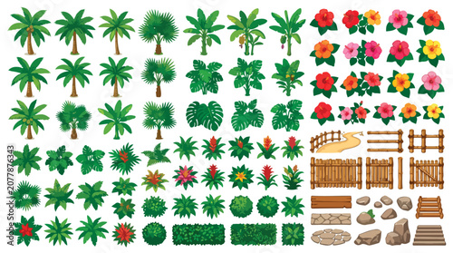 Tropical plant collection with palm trees and hibiscus flowers, exotic garden landscape elements vector set, botanical greenery and wooden fence icons