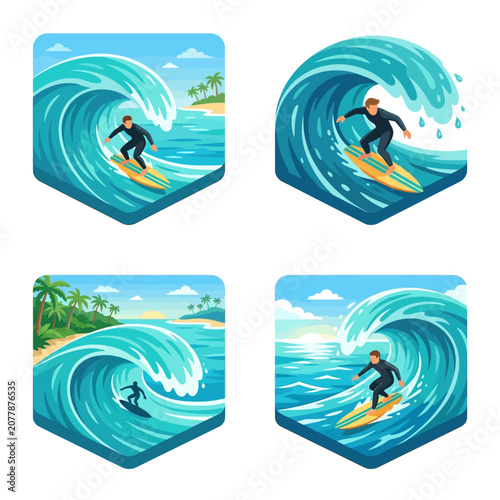 Surfer riding a large ocean wave illustration.