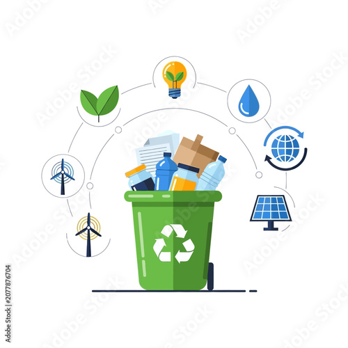 Sustainable energy and recycling concept with icons around green bin