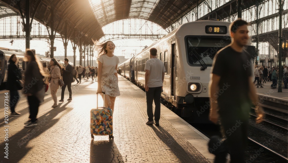 Fototapeta premium Sunny train station scene; people with luggage near a train. Girl smiles and walks on the platform