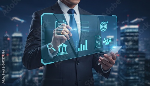 Businessman using a futuristic interface for data analysis, risk management, and strategy.
