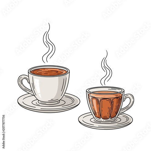 Two hot beverages in cups with rising steam hand drawn sketch style illustration