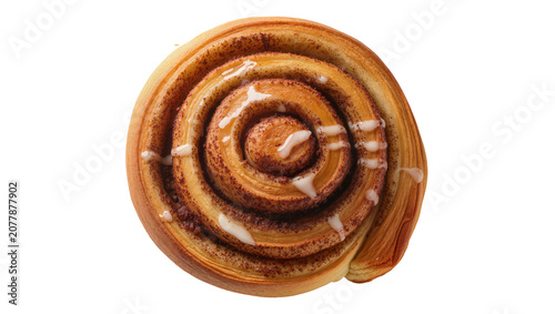 Cuadro en lienzo Golden brown cinnamon roll with white icing drizzle, isolated on transparent bac