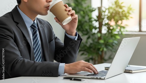 Professional businessman working on a laptop and drinking coffee in a modern office.