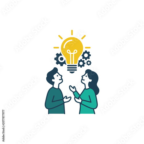 Two people discussing ideas under a lightbulb with gears.