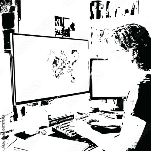 Designer Working on Dual Monitors, Graphic Design, Coding, Digital Art