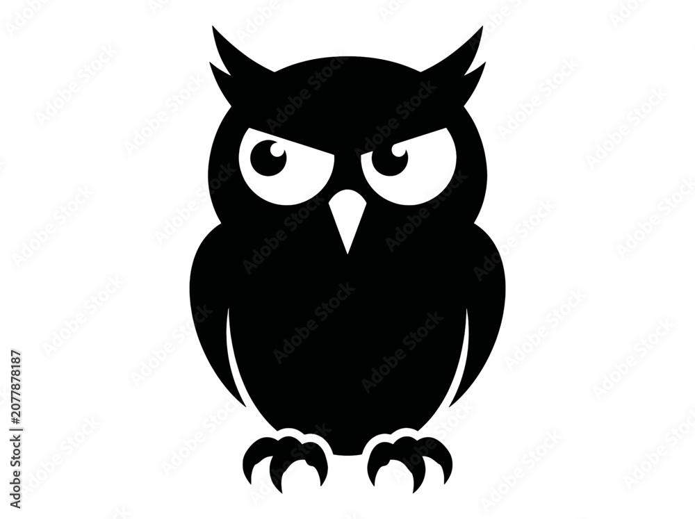 Fototapeta premium Grumpy black owl cartoon character vector illustration looking away