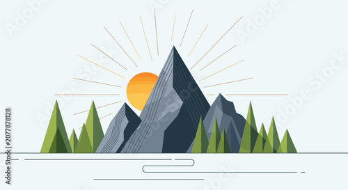 Sunrise over mountain peak with forest and rays.