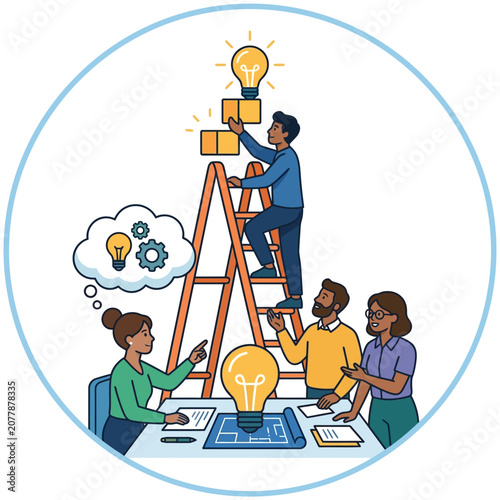 Team brainstorming with light bulb ideas and ladder.