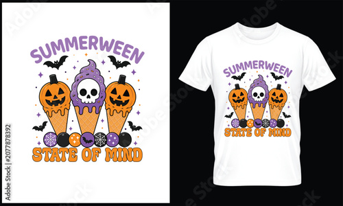 Halloween T-Shirt Summerween State of Mind Cute Skull and Pumpkin Ice Cream Cones Graphic Design, Funny Spooky Summer Halloween Dessert Illustration for Seasonal Apparel