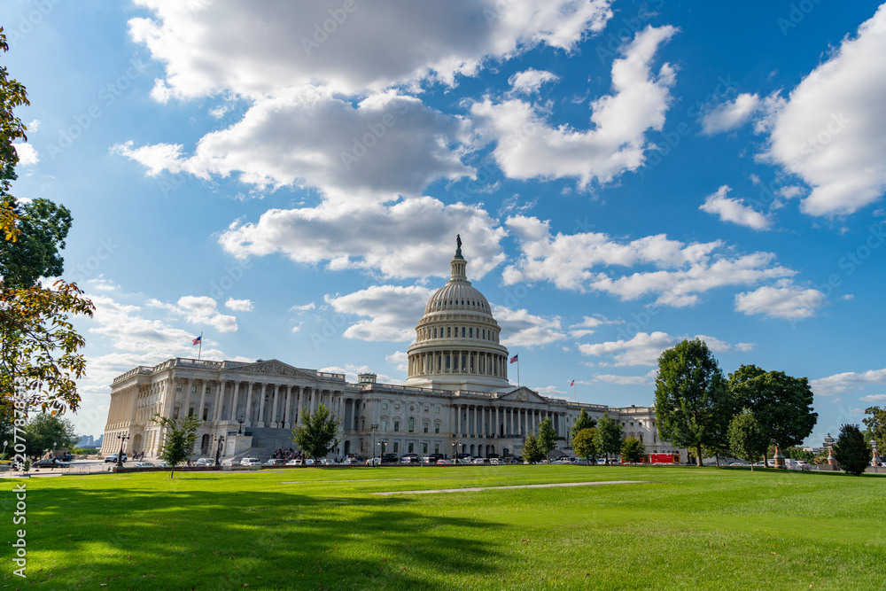 Obraz premium Washington DC landmark. Senate and House in Washington DC. Capitol dome. Historic Capitol by the national flag. Capitol dome as symbol of law. Washington monument architecture. Washington DC